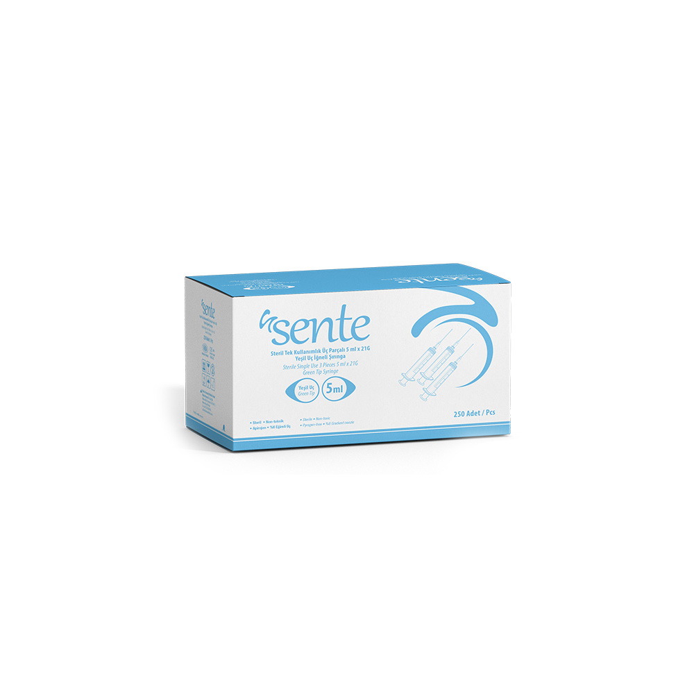 3 Parçalı 5 Ml Şırınga 21 G Yeşil Uç Iğneli 250'Li Kutu